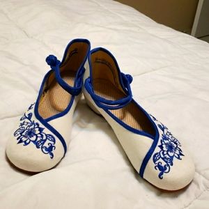 White and Royal Blue Embroidered Canvas Flats